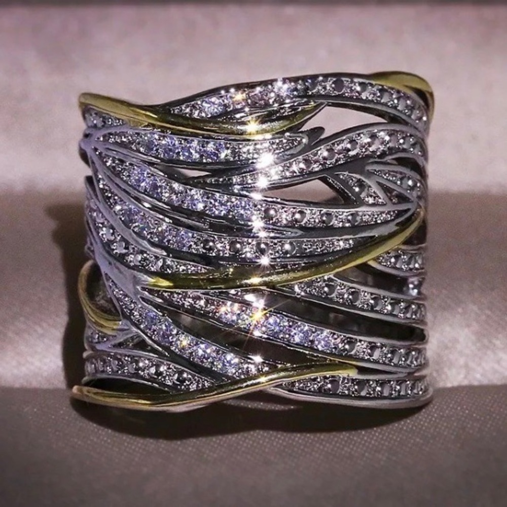 NEW TWO TONE 925 STERLING SILVER DIAMOND RING - Picture 2 of 8